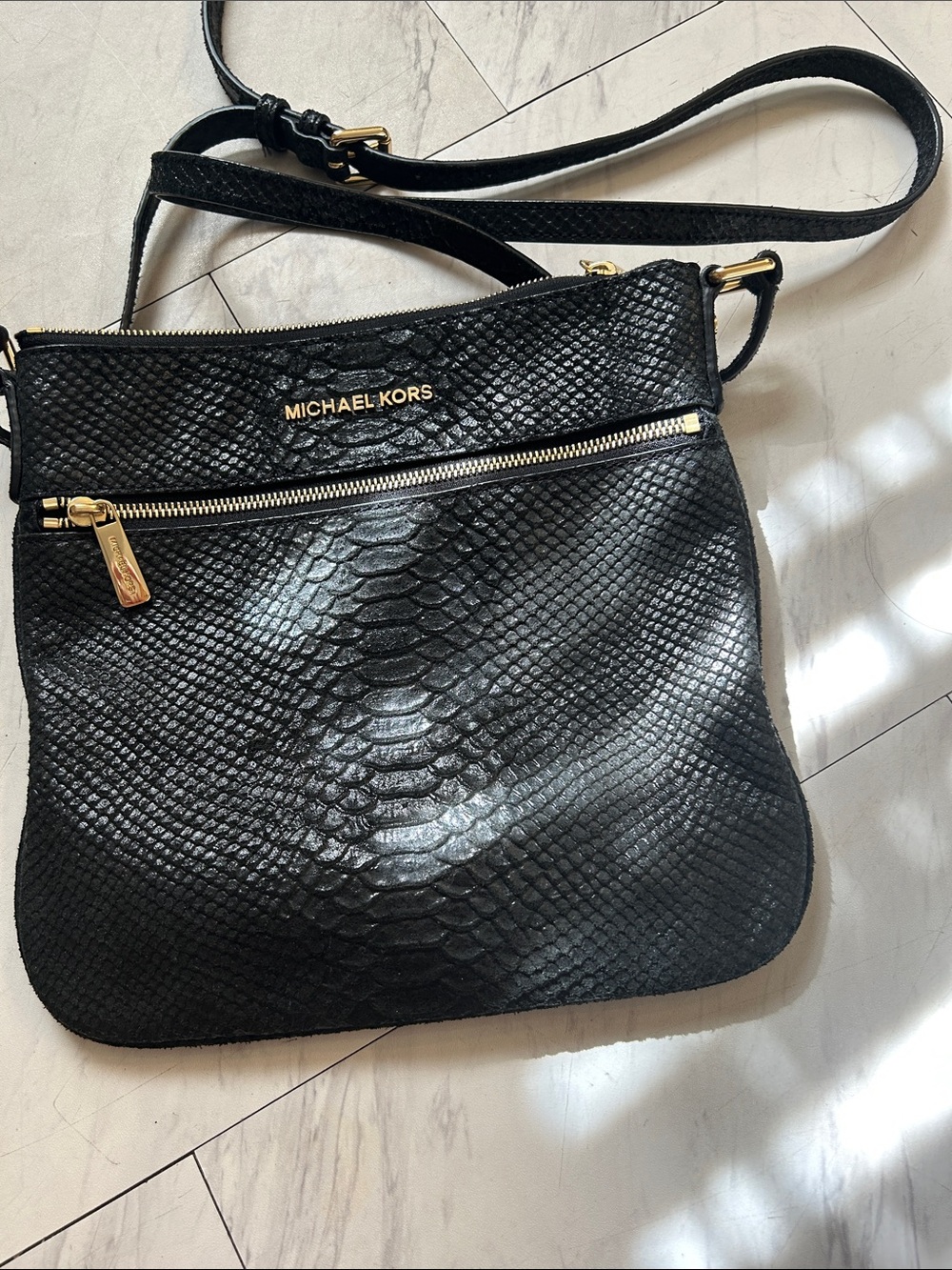 Michael Kors Black Snake-Embossed Crossbody Bag with Gold Hardware